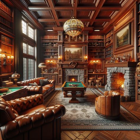 A lavish man cave with refined mahogany paneling, leather seating, and an oak bar. Enjoy billiards under a vintage light, or kick back in front of a high-end theater system. Complete with a personal library for the cultured gentleman. #LuxuryManCave #HomeTheater #BilliardsRoom #HomeLibrary #WhiskeyBar #GentlemansLounge Gentleman Club Interior, Luxury Mancave, Gentleman Room, Whisky Room, Gentlemans Lounge, Academia Library, Simulator Room, Gentlemen Club, Billiards Bar