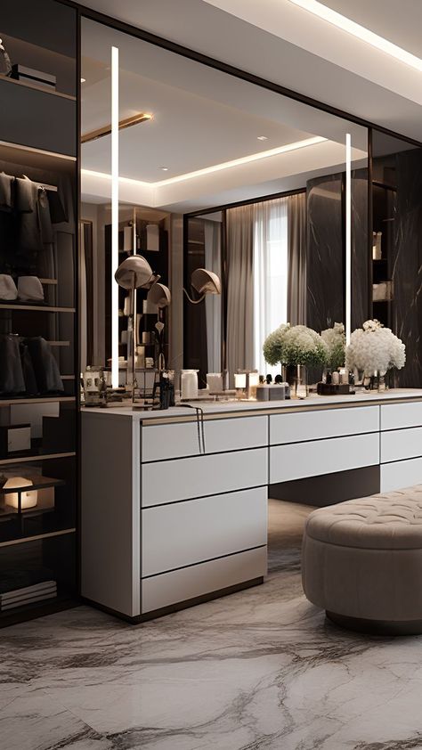 Make Up Area In Bedroom Master Suite, Vanity Luxury Design, Dream Vanity Room, Walk In Closet Luxury Modern Master Bedrooms, Dresser Room Ideas, Make Up Room Luxury, Dressing Room With Vanity, Luxury Rooms Bedroom Modern, Luxury Closet Designs Master Suite