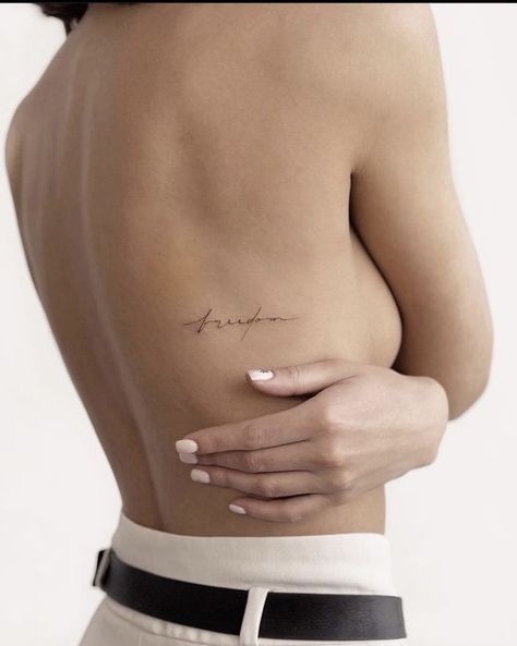 Back Under Bra Tattoo, Back And Rib Tattoo Women, Back Bra Line Tattoo, Apricity Tattoo, Fineline Shoulder Tattoo, Nape Tattoo Women Minimalist, Tiny Rib Tattoos For Women, Rib Script Tattoo, Tiny Back Tattoo