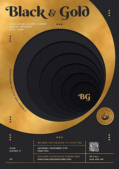 Luxury Flyer Design, Award Design Graphics, Gold Poster Design, Black And Gold Poster, Macbook Layout, Party Graphic Design, Gold Graphic Design, Luxury Poster, Black Branding