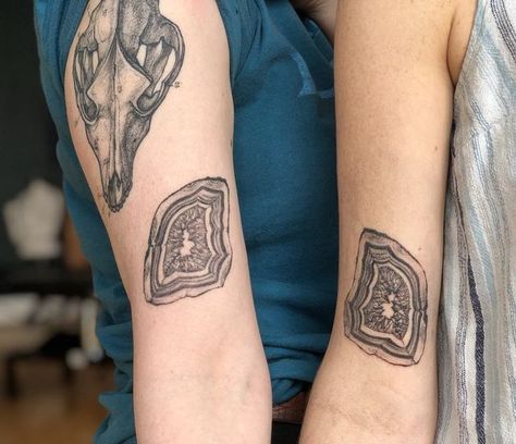 Geode Tattoo, Geology Tattoo, Symmetrical Tattoo, Crystal Tattoo, Rock Tattoo, Bff Tattoos, B Tattoo, Best Friend Tattoos, Leg Sleeves