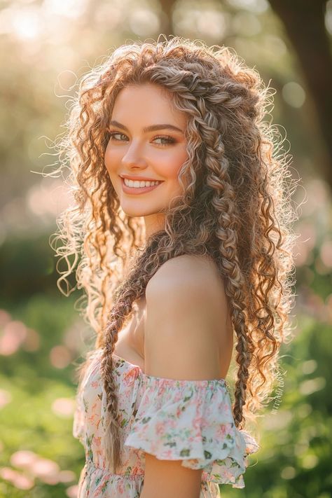 Explore the enchanting blend of curly hairstyles paired with whimsical braids for a stunning look that captures attention. This romantic style features soft, cascading curls intertwined with delicate braids, perfect for weddings or special occasions. The waves add volume, while the braids frame the face beautifully, creating a balance of texture and charm. Say goodbye to simple styling—embrace the magic of curly hairstyles and braids! #curlyhairstyles Ren Faire Hairstyles Curly Hair, Curly Hair Romantic Hairstyles, Simple Loose Curls Hair Styles, Curly Hair Fancy Hairstyles, Short Curly Wedding Hair Natural Curls, Curly Fantasy Hair, Romantic Curls Wedding, Floral Hairstyle, Whimsical Curly Hairstyles