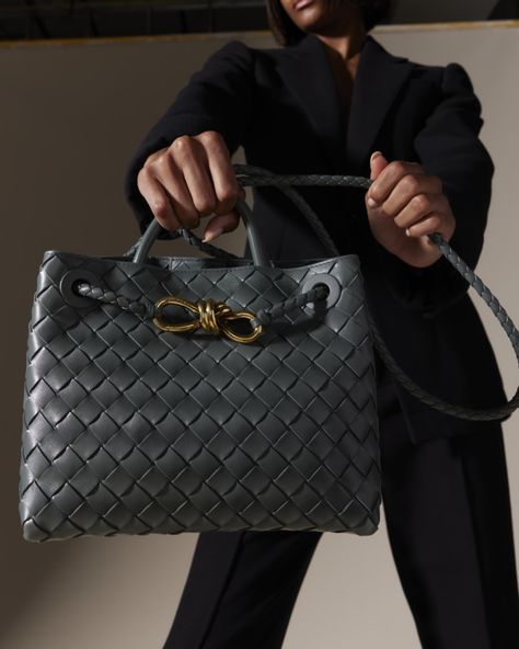 Bottega Veneta "Andiamo" top handle bag in  intreccio  lambskin leather  Rolled top handle, 3.5" drop Shoulder strap Can be worn as a top handle or shoulder bag  Open top with magnetic closure; metal knot center strap  Approx. 9.8"H x 11.6"W x 4.3"D Made in Italy Bottega Andiamo Bag, Andiamo Bag, Bottega Veneta Andiamo, Bottega Veneta Bag, Leather Roll, Romantic Evening, March 2024, Lucky Girl, Open Top