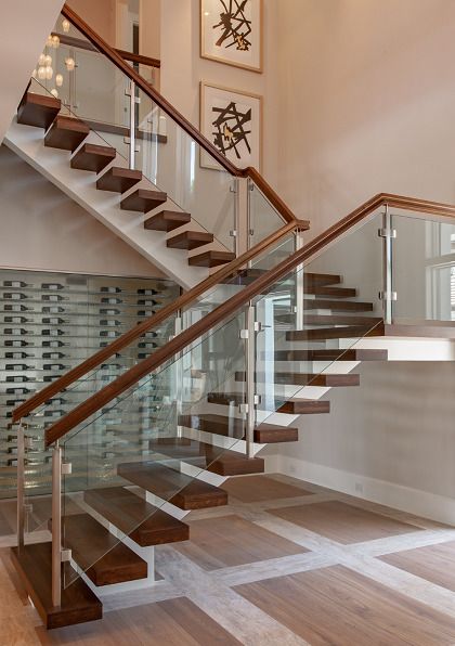 Stainless Steel And Glass Stair Railing, Glass Staircase Railing Stainless Steel, Staircase Design Glass Railings, Stainless Steel Staircase Design, Glass Stairs Design Modern, Modern Stair Railing Stainless Steel, Railing Design Stairs, Stairs With Glass Railing, Contemporary Stair Railing