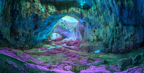 "Mystical cave in bright fantastic colors" by Sergii Zarev - US$3.32 Mystical Cave Art, Fantasy Cave Home, Fantasy Cave, Magical Cave, Glow Worm Cave, Mushrooms Fairy, Mystical Landscapes, Crystal Caves, Underground Caves