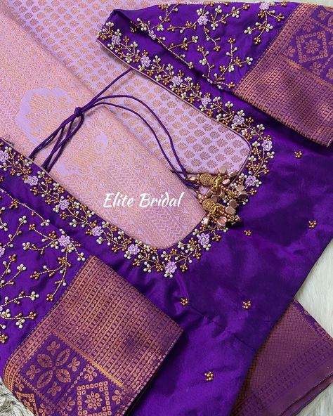 Customised floral Aari embroidery hand work blouse by elite bridal 💜✨ Simple Hand Aari Designs For Blouses, Not Work Blouse Design, New Design Aari Work Blouse, Bridal Back Blouse Designs, Aari Work For Bridal Blouse, Copper Work Blouse Design, Simple Aariwork Blouse Design, Bead Work Aari Blouse Design, Blouse Work Designs Simple