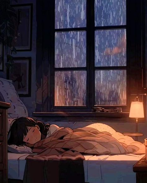 Sleep Cartoon, Rain Animation, Rain Sleep, Dark Forest Aesthetic, Simple Anime, Vintage Illustration Art, Raining Outside, Dark Nature Aesthetic, Girl Sleeping