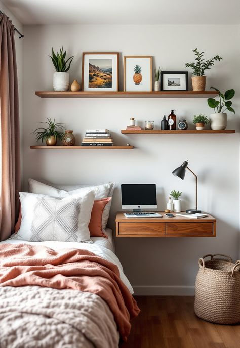 Tiny Bedroom Apartment Ideas Shelf Around Top Of Room Bedrooms, Shelf Small Bedroom, Floating Shelves Above Bed, Tiny Bedroom Apartment, Bedroom Apartment Ideas, Shelf Above Bed, Scandi Bedroom, Ideas For Small Bedrooms, Shelf Arrangement