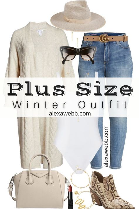 Plus Size Duster Cardigan Outfit with long cable knit cardigan, bodysuit, jeans, and ankle booties for fall and winter - Alexa Webb #plussize #alexawebb Long Cable Knit Cardigan Outfit, Jeans And Cardigan Outfit Winter, Jeans And Cardigan Outfit, Cardigan Outfit Winter, Duster Cardigan Outfit, Cream Cardigan Outfit, Jeans And Cardigan, Winter Cardigan Outfit, Plus Size Duster