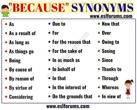 BECAUSE Synonym: 27 Useful Synonyms for BECAUSE - ESL Forums Synonym For Because, Because Synonyms, Synonyms For Because, English Synonyms, Sentences In English, Essay Words, Essay Writing Skills, Descriptive Words, Interesting English Words