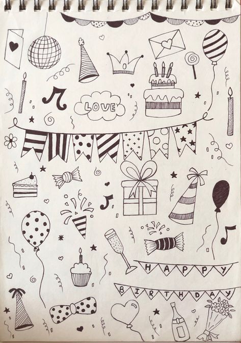 Doodle For Boyfriend's Birthday, Happy Birthday Easy Drawings, Birthday Decoration Drawing, Drawing Ideas Easy Birthday, Simple Birthday Doodles, Funny Birthday Drawing Ideas, Bday Doodles Birthday Cards, Cute Birthday Doodles Easy, Cute Happy Doodles