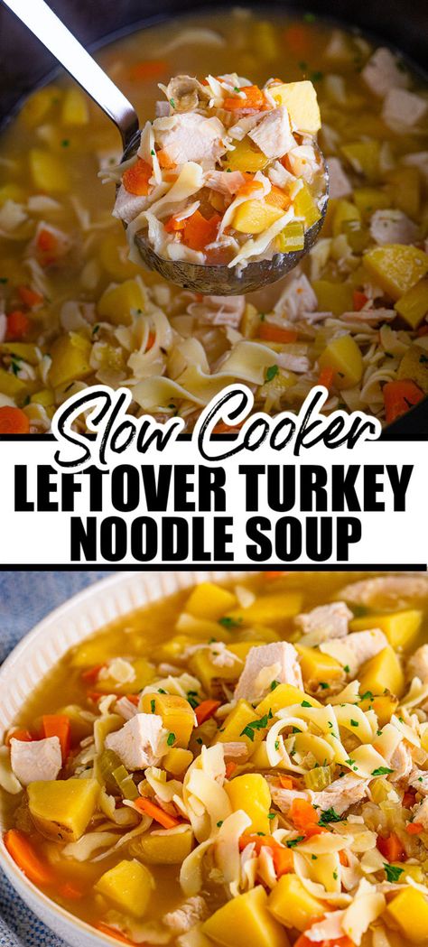 Leftover turkey soup is made in the crock pot and is the perfect recipe to use up some Thanksgiving leftovers. Filled with turkey, vegetables, noodles, and potatoes, this comforting soup will make your house smell amazing as it cooks in the slow cooker. | www.persnicketyplates.com Crock Pot Turkey Noodle Soup, Turkey Stew Recipes Slow Cooker, Leftover Turkey Noodle Soup Crockpot, Turkey Corn Noodle Soup, Slow Cooker Turkey Noodle Soup, Crockpot Turkey Recipes Leftovers, Crock Pot Turkey Soup Recipes, Dump Soups In A Crock Pot, Turkey Noodle Soup Homemade Crockpot