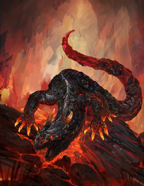 Fire Salamander Fantasy Art, Salamander Painting, Fire Wyrm, Dnd Monster Art, Lava Creature, Fire Dragon Art, Fire Drake, Lava Monster, Fire Salamander