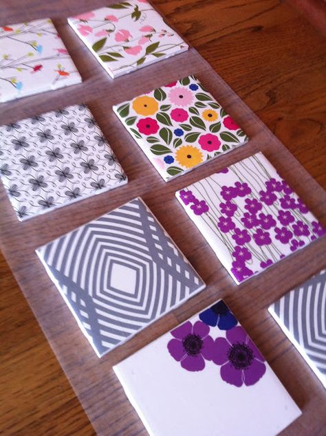 DIY Coasters! :) Diy Tile Coasters, Ceramic Tile Crafts, Diy Coasters Tile, Scrapbook Paper Designs, Handmade Gifts For Boyfriend, Handmade Gifts For Friends, Handmade Gifts For Men, Coaster Crafts, Tile Crafts