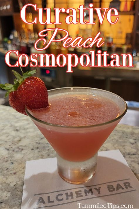 Make an epic Carnival Cruise Alchemy Bar Curative Peach Cosmopolitan at home with this easy recipe! Tastes amazing. Peach Cosmopolitan Recipe, Peach Cosmo, Kiss On The Lips, Crockpot Dessert, Cosmopolitan Recipe, Mango Daiquiri, Absolut Citron, Mango Cocktail, Peach Cocktail