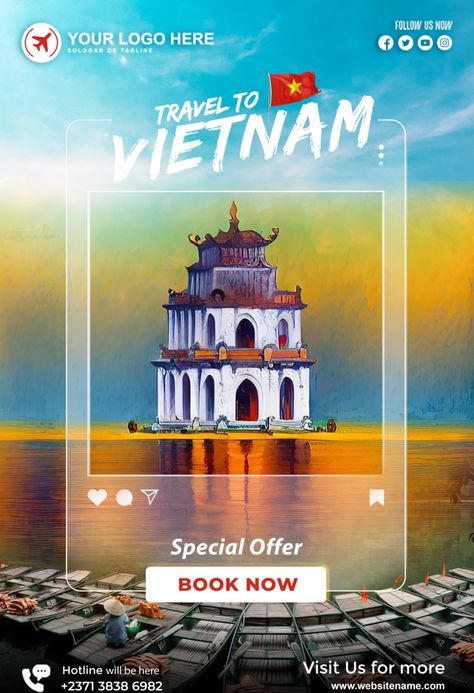 Traveling Social Media Post, Travel Banner Design Ideas, Travel Social Media Post, Travel Advertising Design, Travel Brochure Design, Poster Promotion, Tourism Design, Vietnamese Culture, Vietnam Hanoi