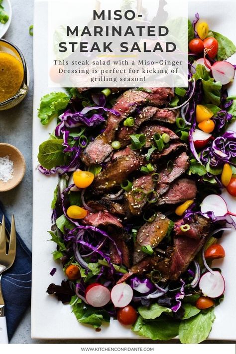 Fire up the grill and sharpen those knives! This Miso-Marinated Steak Salad with a Miso-Ginger Dressing is perfect for kicking of grilling season. #miso #marinade #steak #salad #grilling #kitchenconfidante Vietnamese Steak, Steak Salad Dressing, Beef Tagliata, Marinade Steak, Miso Ginger Dressing, Miso Recipe, Meat Salad, Grilled Steak Recipes, Easy Grilling