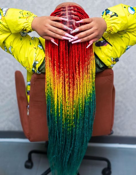 Orange Ombre Hair, Black Box Braids, Colored Box Braids, Rainbow Braids, High Fashion Hair, Individual Braids, Color Transition, Cornrows Styles, Big Box Braids Hairstyles