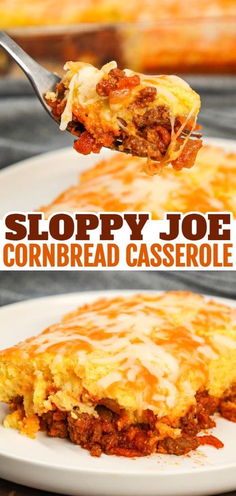 Sloppy Joe Cornbread Casserole is a hearty hamburger casserole with a base of crumbled ground beef in sloppy joe sauce topped with a layer of Jiffy cornbread. Quick Family Dinners With Ground Beef, Cornbread And Hamburger Meat Recipes, Hamburger Meat Recipes With Cornbread, Jiffy Cornbread Dinner Ideas, Sloppy Joe Jiffy Cornbread Casserole, Cornbread Bake Casserole, Canned Sloppy Joe Recipes, Ground Beef And Cornbread Recipes For Dinner, Different Recipes For Ground Beef