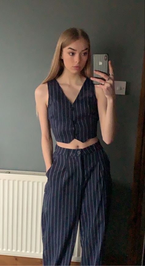 Waistcoat Jumpsuit, Suit Waistcoat Women Outfit, Women In Waistcoats, Vintage Matching Set Outfit, Waistcoat Suit, Pin Stripe Vest Outfit, Striped Suit Women, Pin Stripe Suit Women, Blue Pinstripe Suit Women