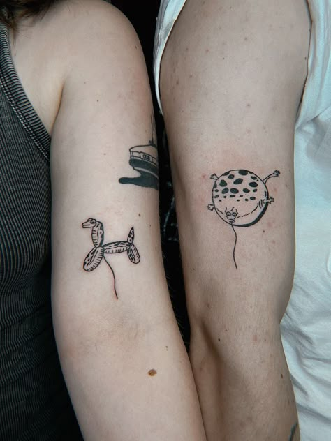 Shrek Balloons Tattoo, Shrek Tattoo Ideas Couple, Matching But Different Tattoos Friends, Shrek Balloon Tattoo, Silly Friend Tattoos, Matching Shrek Tattoos, Shrek Balloons, Alternative Matching Tattoos, Edgy Matching Tattoos