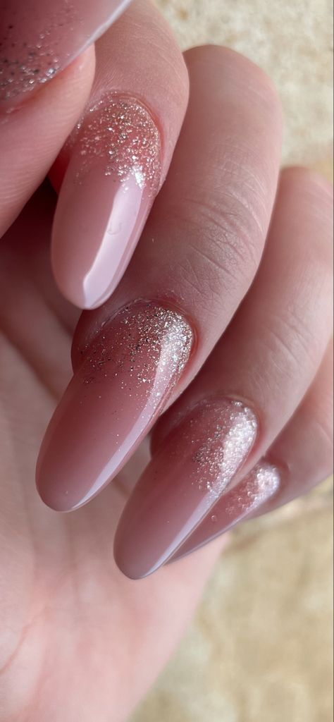 Nude Party Nails, Cuticle Glitter Nails, Marriage Nails Art Designs, Pink Nude Glitter Nails, Nails For Marriage, Nail Extension Designs Nude Color, Nude With Glitter Nails, Nude Glitter Ombre Nails, Nude Pink Nails With Glitter