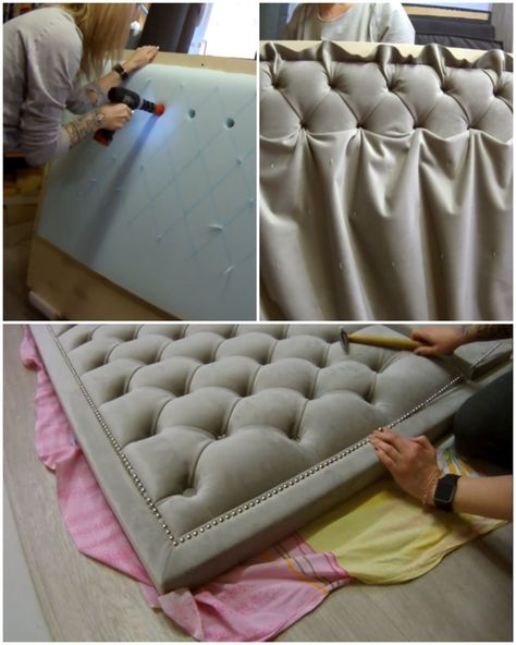 Headboard in a soft frame with a diamond tufted pattern | diamond | Headboard in a soft frame with a diamond tufted pattern | By MetDaan Creative | Facebook | Add a touch of felicans to your bedroom with a diamond tufted headboard. Such an addition would certainly provide with a comfortable backrest. This tutorial will take you through each step of this project. So take note and enjoy. Drilling the holes of the headboard following the outline. Attaching the covering layer and stitching it into p Diamond Headboard Bedroom, Homemade Headboard Ideas, Tufted Headboard Diy, Tuffed Headboard, Tufted Headboard Tutorial, Tufted Headboard Bedroom, Pattern Headboard, Homemade Headboards, Tufted Bed Frame