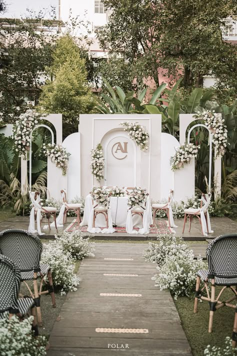 The Wedding Of Asri & Ikhwan oleh Elior Design • Wedding Decorators di Indonesia | Bridestory Wedding Reception Focal Point, Floral Wedding Table Centerpieces, Pelaminan Outdoor, Outdoor Wedding Backdrops, Stage Wedding, Lighting Wedding, Design Stage, Wedding Stage Backdrop, Wedding Stage Decor