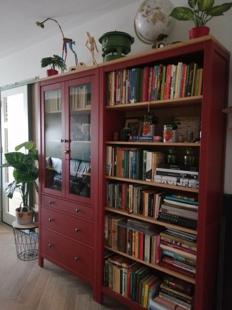 Hemnes Red, Ikea Hemnes Bookcase, Red Bookcase, Red Bookshelf, Hemnes Bookcase, Beautiful Bookshelf, Cosy Room, Ikea Hemnes, Affordable Furniture