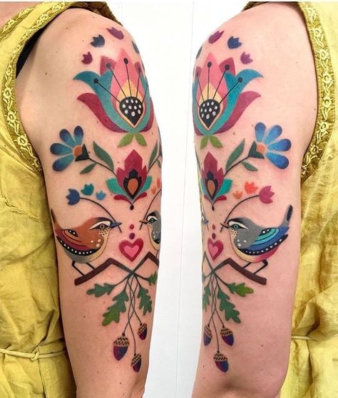 Colored Folk Art Tattoo #tattoo #art #design #idea #ink #colorful #folkart #flower #bird Hungarian Tattoo, Family First Tattoo, Bodysuit Tattoos, Polish Tattoos, Dragons Tattoo, Embroidery Tattoo, Tattoo Henna, Sweet Tattoos, Ornamental Tattoo