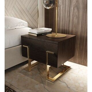 Modrest Moontide Modern Smoked Ash & Gold Nightstand - Bed Bath & Beyond - 40844003 Brown And Gold Furniture, Dark Wood Nightstand Bedroom, Large Nightstand Ideas Master Bedrooms, Luxury Nightstand, Gold Nightstand, Large Nightstand, Mid Century Bedroom, Gold Furniture, Dark Ash