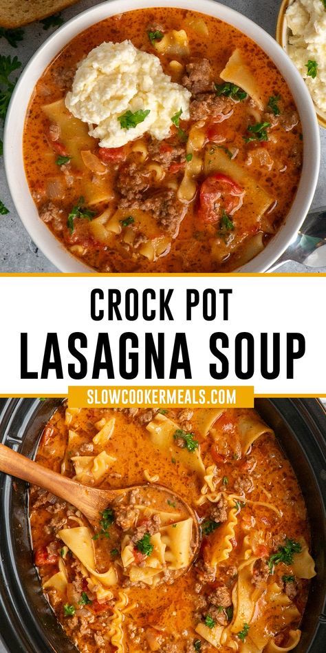 Enjoy this twist on traditional lasagna with this easy Crockpot Lasagna Soup recipe! This soup is filled with Italian sausage, ground beef, and a savory tomato broth, all cooked quickly in your slow cooker. Finish it off with a creamy homemade ricotta cheese topping for a meal that'll have you coming back for seconds! Crockpot Lasagna With Ricotta, Easy Crockpot Lasagna Soup, Crockpot Lasagna Soup Recipe, Wife Recipes, Crockpot Lasagna Easy, Slow Cooker Lasagna Soup, Lasagna Soup Crockpot, Easy Lasagna Soup, Crockpot Soup