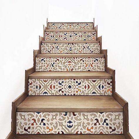 Amazon.com: AMAZING WALL Talavera Spanish Bohemian Tiles Style Stairs Self Adhesive Decoration Wall Sticker Set 6pcs : Tools & Home Improvement Spanish Bohemian, House Entrance Hall, Vinyl Stair Risers, Stair Riser Vinyl, Entrance Hall Ideas, Stairs Makeover Ideas, Bohemian Tiles, Stairway Ideas, Vinyl Stairs