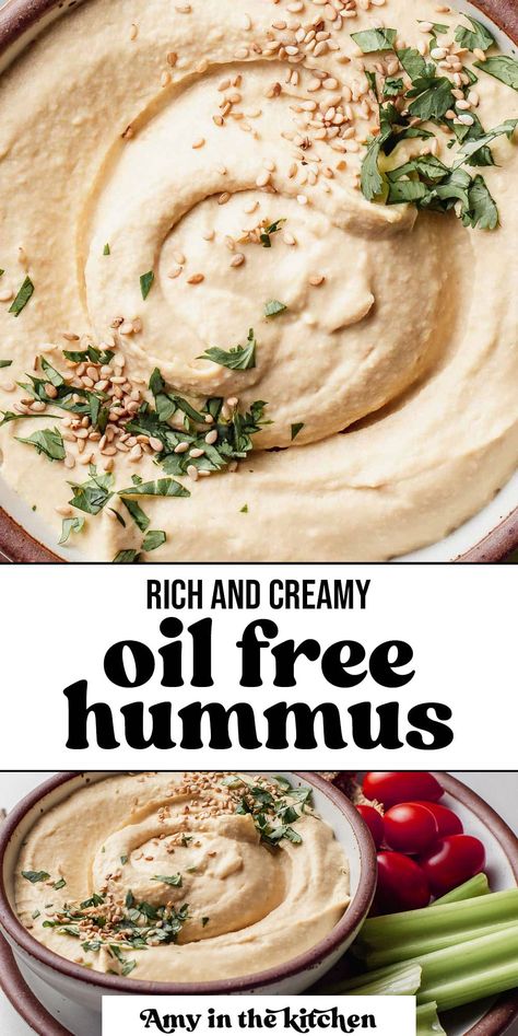 Oil-free hummus with tahini is fluffy, smooth and creamy. It's a delicious dip that's perfect for snacking, as a spread on sandwiches or served as a healthy appetizer. This recipe is naturally vegan and ready to enjoy in less than 10 minutes! Low Calorie Hummus Recipe, Tahini Free Hummus Recipe, Oil Free Hummus Recipe, Hummus Recipe With Tahini, Hummus With Tahini, Vegan Hummus Recipe, Curry Hummus, Starch Solution Recipes, Easy Hummus Recipe