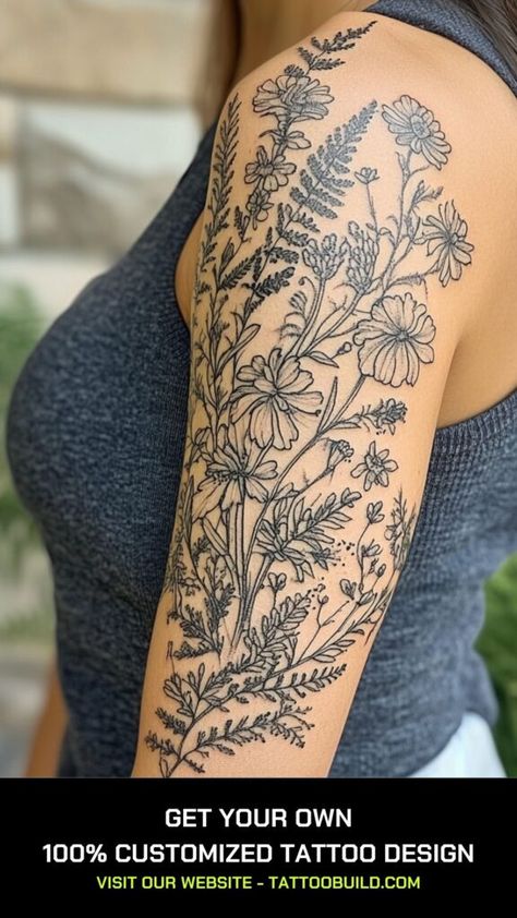 Floral Butterfly Sleeve Tattoo, Floral And Mandala Tattoo Design, Larkspur Sleeve Tattoo, Flowers Full Sleeve Tattoo, Half Sleeve Garden Tattoo, Floral Memorial Tattoo Half Sleeves, Wild Flower Mandala Tattoo, Birth Flower Tattoos Upper Arm, Bold Line Tattoo Black