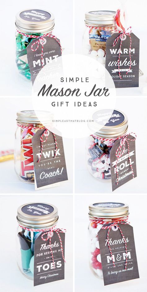 6 Simple Mason Jar gifts with Printable Tags to make gift giving easy and inexpensive for even the hardest to shop for on your Christmas list! Mason Jar Gift Ideas, Jar Gift Ideas, Joululahjat Diy, Mason Jar Gift, Toples Kaca, Mason Jar Gifts, Cadeau Diy, Jar Gifts, Mason Jar Diy