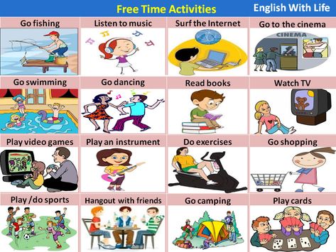 free-time-activities Talking Tips, Vocabulary In English, Free Time Activities, Hobbies To Take Up, Diy Bird Bath, Wake Ideas, Go To The Cinema, Hobbies For Men, Hobbies To Try