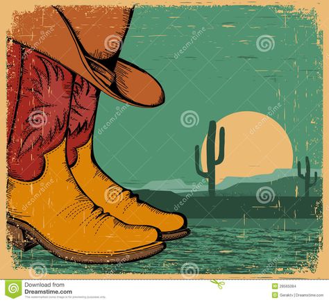 Western background with cowboy shoes. And desert landscape on old #Sponsored , #background, #Western, #desert, #landscape, #cowboy Western Comics, Western Vector Art, Pulp Western, Western Background, Western Artwork, Cowboy Shoes, Western Aesthetic, Desert Landscape, Western Hats