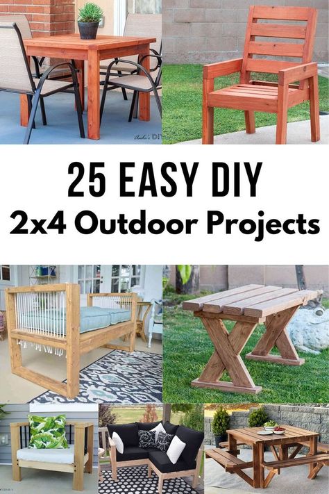 collage of outdoor projects using 2x4s Outdoor Wood Table, Build Outdoor Furniture, 2x4 Wood Projects, Diy Outdoor Patio, Diy Exterior, Outdoor Wood Projects, 2x4 Wood, 2x4 Projects, Outdoor Wood Furniture