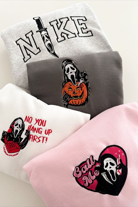 Halloween Sweaters, Fall Crewneck Sweatshirt, Crewneck Embroidery, Embroidered Apparel, Cute Nike Outfits, Cricut Halloween, Pink Holiday, Embroidery Hoodie, Diy Embroidery Patterns