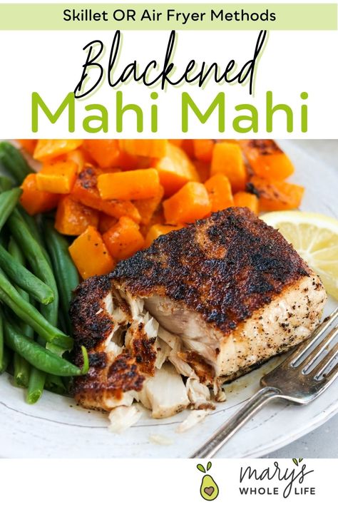 An easy, elevated fish dinner that’s easy enough for a weeknight, but feels like a fancy, dine-out meal! This blackened Mahi Mahi is coated in a homemade Cajun blackened seasoning, and air fried to perfectly tender, buttery fish in no time. From start to finish you’ll have this delicious white fish on your table in under 15 minutes! Air Fryer Mahi Mahi Recipes, Air Fryer Mahi Mahi, Pescatarian Dishes, Blackened Mahi Mahi, Best Turkey Burgers, Mahi Mahi Recipes, Homemade Cajun Seasoning, Cholesterol Recipes, Blackened Seasoning