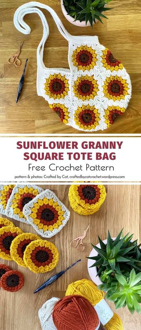 Sunflower Crochet Granny Square Pattern Free, Sunflower Granny Squares Crochet, Sunflower Granny Square Bag Pattern Free, Easy Sunflower Granny Square Crochet, Granny Square Sunflower Crochet Pattern, Crochet Patterns Using Granny Squares, Sunflower Crochet Bag Pattern, Free Crochet Sunflower Granny Square Pattern, Sun Flower Granny Square Free Pattern