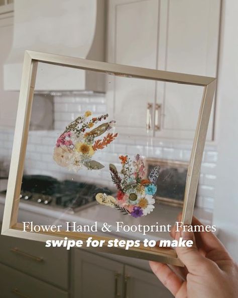 Jordan Dooley on Instagram: "This is surprisingly EASY! 🌸 i’ve wanted to make a handprint craft for the last few weeks and my first few attempts (paint, salt dough, etc) just did NOT turn out well at all. Who knew getting baby/toddler handprints would be so hard 😅   Anyway, i came across a video with this idea and decided to try it! I did it slightly differently than what i saw for the sake of ease and got a ton requests for this tutorial i did on stories today to be save-able / sharable… so here you go 🥰   Comment FLOWER if you want links to the the frames, flowers, etc. i used 🫶🏼" Hand Print Frame Ideas, Pressed Flower Baby Footprint, Diy Family Decor, Keepsake Kids Crafts, Flower Handprint Art For Toddlers, Footprint Flower Pot, Pressed Flower Handprint, Baby Gifts For Grandma, Homemade Gift From Toddler