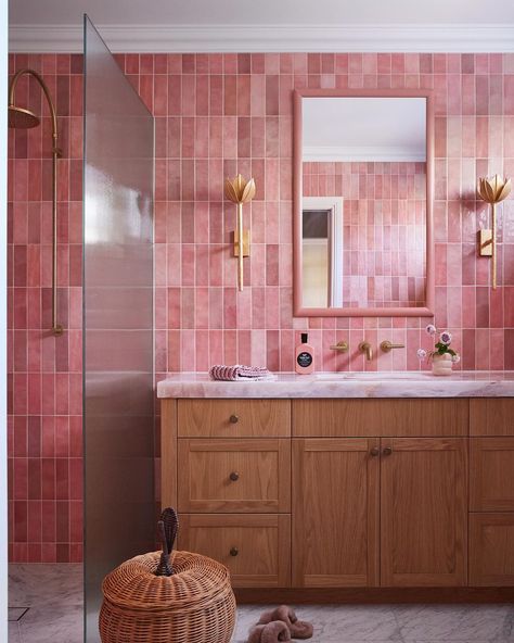 Tickled Pink! 🩷 Our Picasso Blush wall tiles are the perfect shade of happy in the ENCANTO children’s ensuite. Tap the Contact Us link in … | Instagram Pink Bathroom Ideas, Yellow Kitchen Cabinets, Kate Walker, Blush Walls, Greenhouse Interiors, Deco Bathroom, Pink Living Room, Pink Tiles, Bedroom Wall Colors