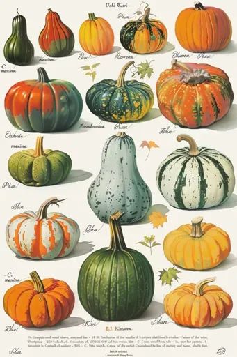 ↑↑↑ Larger size on website 🔸 The image shows a variety of pumpkins and squashes, with their names and scientific classifications  🔸 From Midjourney AI Image Pumpkin Types, Types Of Pumpkins, Pumpkin Varieties, Pumpkin Illustration, Autumn Illustration, Pumpkin Art, Scientific Illustration, Fall Scents, Mushroom Art