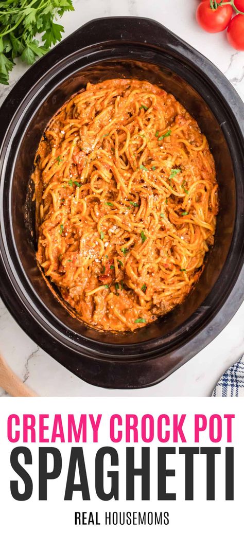 Your favorite spaghetti just got easier with this set-and-forget recipe! Crock Pot Spaghetti has a creamy twist that'll make the family flip! #Realhousemoms #crockpot #spaghetti #slowcooker #creamy #easyrecipe #comfortfood #kidapproved Creamy Chicken Spaghetti Recipe, Crock Pot Spaghetti, Ground Beef Crockpot Recipes, Spagetti Recipe, Crockpot Spaghetti, Spaghetti Recipes Easy, Crockpot Pasta Recipes, Creamy Spaghetti, Beef Pasta Recipes