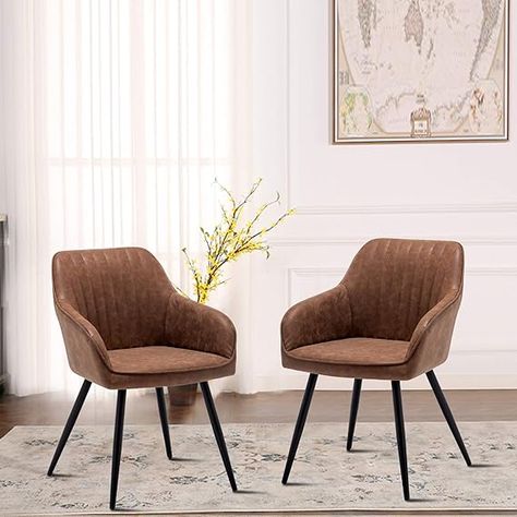 Annjoe Faux Leather Accent Arm Chairs for Living Room Leisures/ Upholstered Chair with Metal Legs Set of 2 for Home Kitchen Office Bistro Cafe, Brown Chairs For Living Room, Accent Chair Set, Cafe Furniture, Leather Accent Chair, Kitchen Dining Chairs, Accent Arm Chairs, Upholstered Chair, Leisure Chair, Cafe Chairs