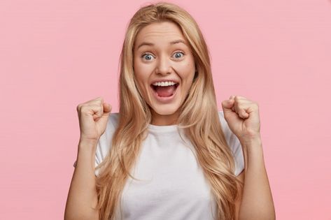 Excited Person, Blonde Shirt, Woman Celebrating, Surprised Woman, Smile Woman, Woman Laughing, Excited Girl, Excited Face, Women Celebrating