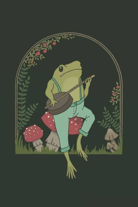 frog playing banjo - Google Search Frog Sitting On Mushroom, Frog Journal, Sitting On Mushroom, Frog Playing Banjo, Collage Cutouts, Aesthetic Frog, Mushroom Cottagecore, Frog Illustration, Frog Sitting