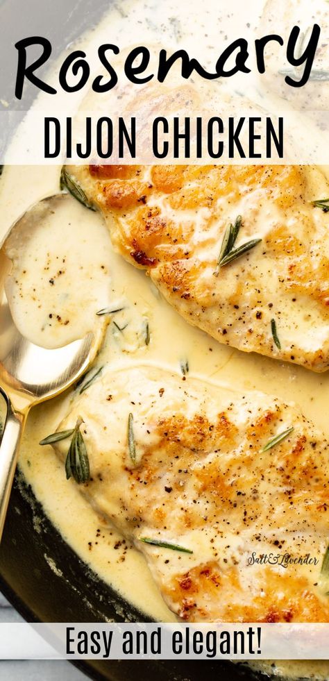 closeup of chicken in a skillet with a serving spoon and text overlay that reads rosemary dijon chicken - easy and elegant! Rosemary Sauce, Dinners Chicken, Rosemary Chicken Recipe, Creamy Dijon, Dijon Chicken, Fall Comfort Food, Chicken Entrees, Rosemary Chicken, Health Dinner Recipes